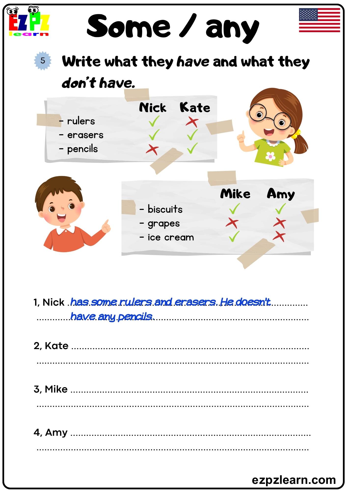 Some/Any Countable and Uncountable Nouns Look at the Charts then Write the Sentences Bk1 Free pdf